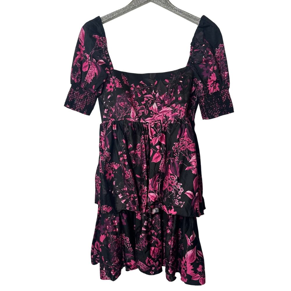 Alice + Olivia Emmalou Tiered Mini Dress Black & Floral Print
